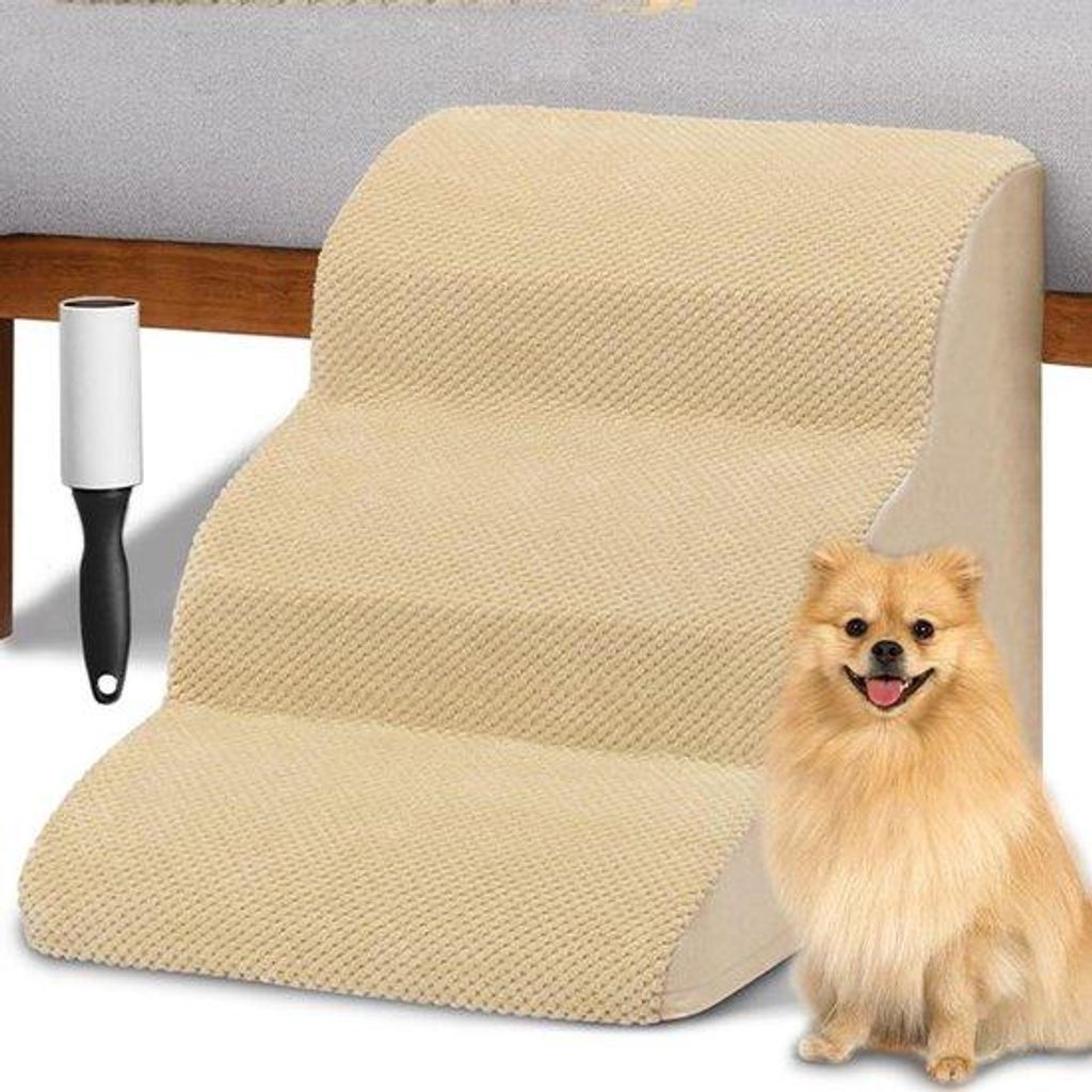 Katzenleiter 3 Stufen für Hunde und Senioren, hochdichtes Schaumstoffpolster, Beige