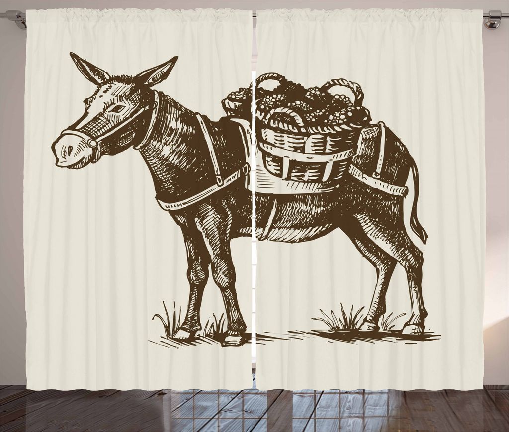ABAKUHAUS Esel Rustikaler Vorhang, Weinlese-Tier mit Basket, Wohnzimmer Universalband Gardinen mit Schlaufen und Haken, 280 x 245 cm, Dunkler Kakao...