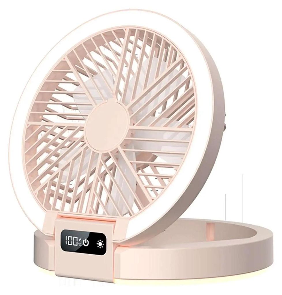 Tragbarer Ventilator - Faltbarer USB-Tischventilator - 5 Geschwindigkeiten - Leise - Wiederaufladbarer Lithium-Akku - LED-Nachtlicht - Rosa