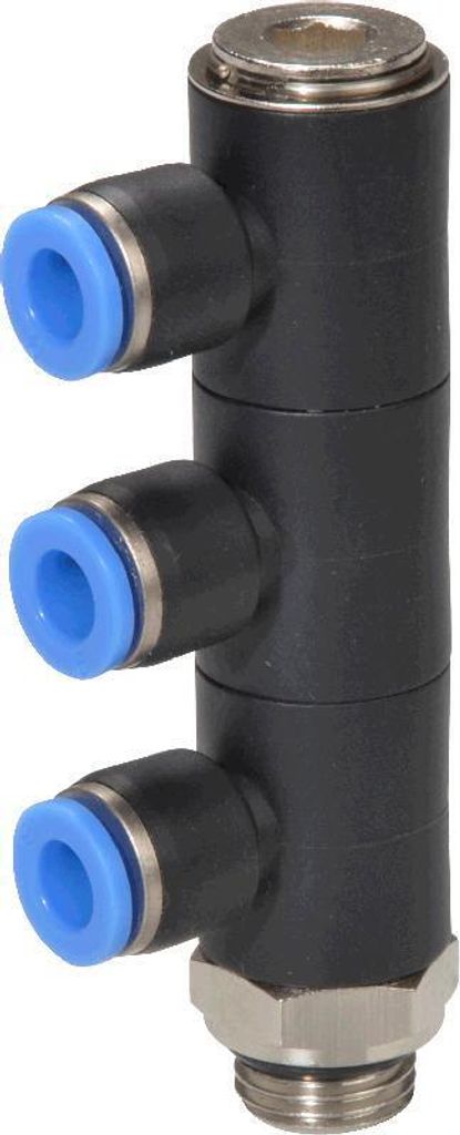 L-Steckverteiler 3-fach mit Hohlschraube, Schlauch 6mm, Gewinde G1/8a, STVS-QLCKO3-G1/8a-6-KU-SBR-V1-M120