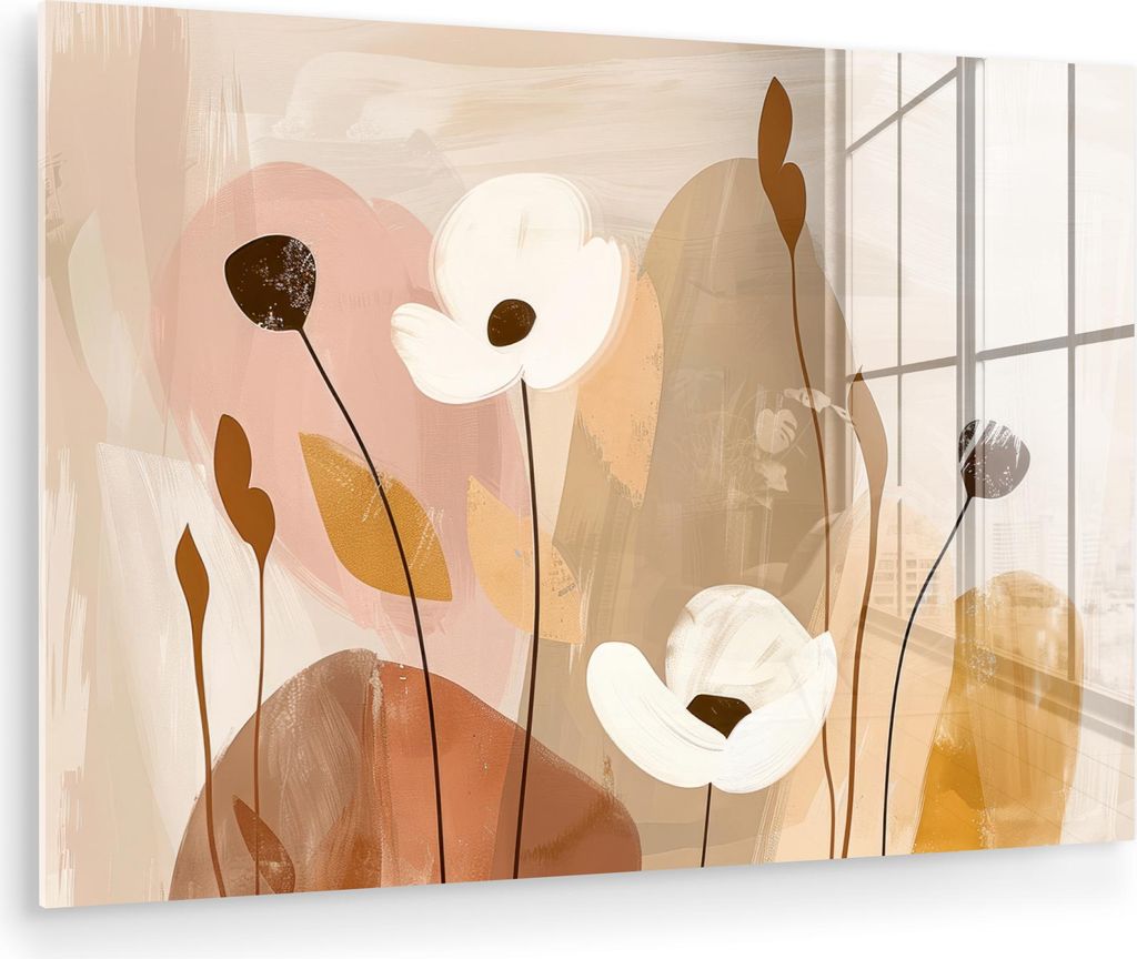 MuchoWow Glasbilder - Bilder auf Wandbild - Foto auf Glas Blumen - Abstrakt - Beige - Strichzeichnung 120x80 cm Wanddekoration aus Glas - Acrylglas...