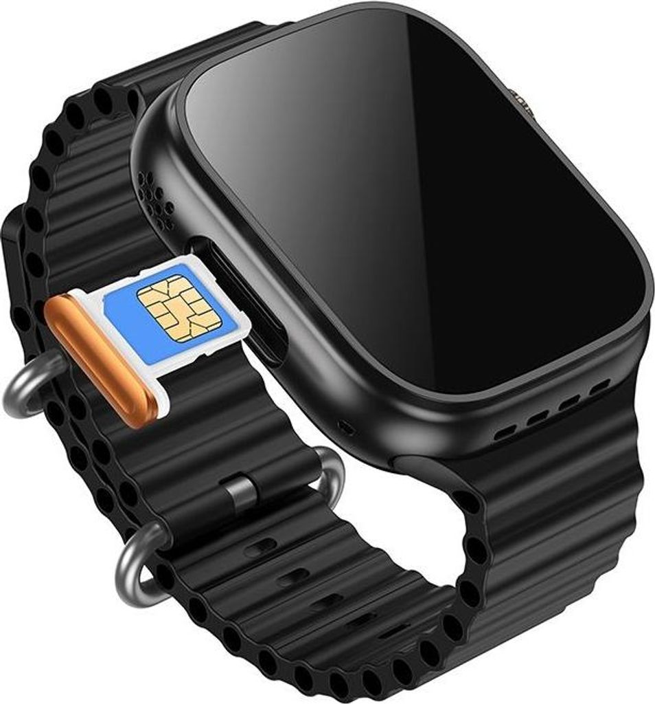 A close-up view of a smartwatch with a SIM card being inserted.