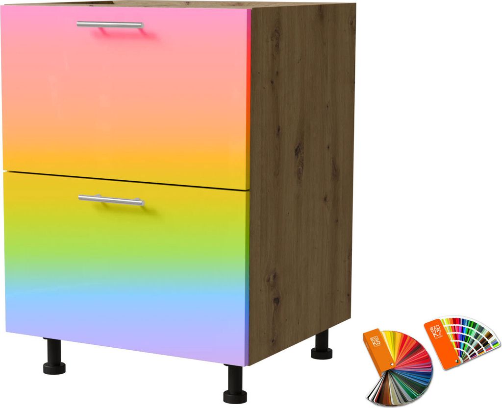 Schubladenunterschrank BRERRA 60cm HETTICH Vollauszug Farbe wählbar BR-D2A/60/1A,RAL Wunschfarbe (K5 / K7),Eiche Artisan