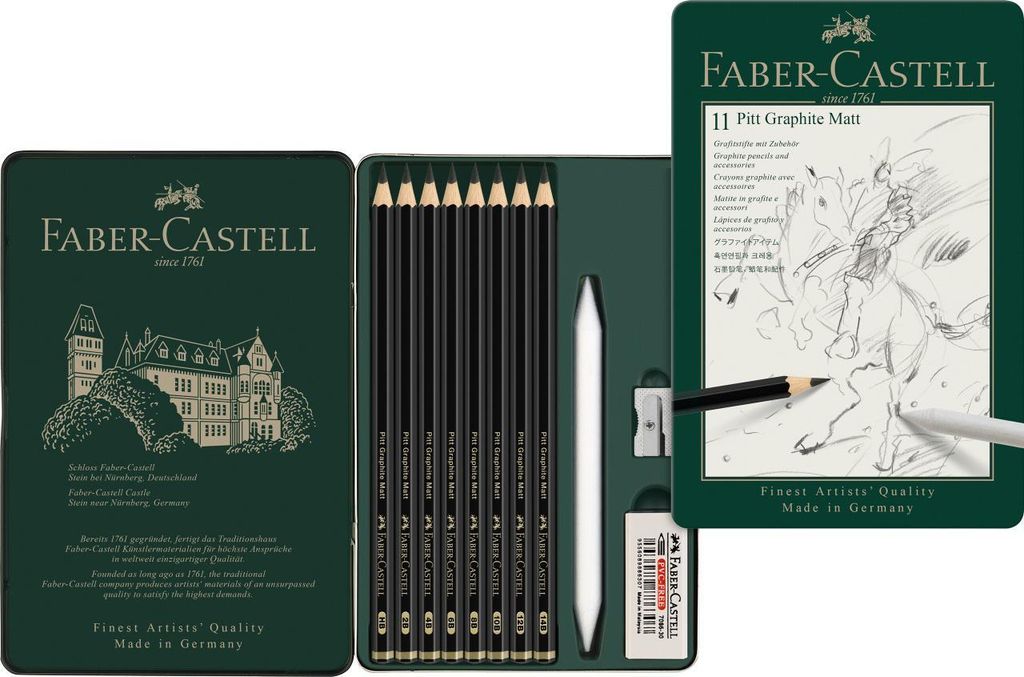 A Faber-Castell Pitt Graphite Matt set is displayed in its open tin packaging, with pencils and accessories laid out.