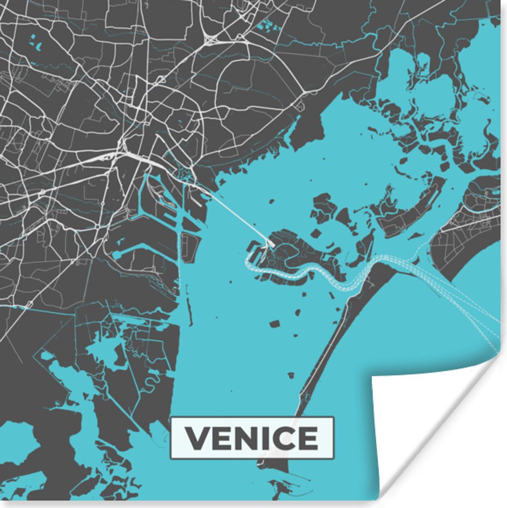 MuchoWow Poster Venedig - Stadtplan - Karte - Blau 50x50 cm - Wohnzimmerdekoration