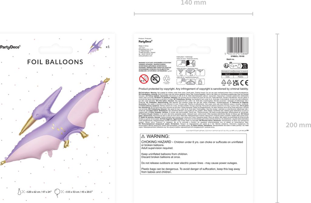 Folienballon Pterodaktylus 115x53cm Helllila Produktbild 