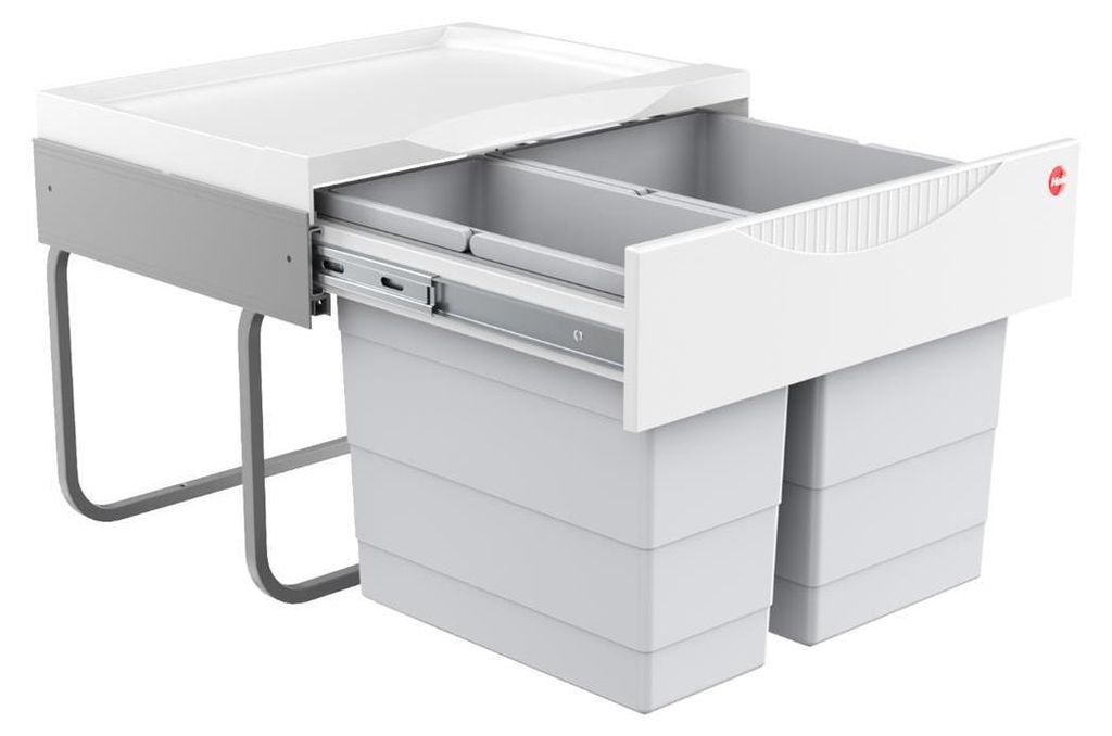 A white and gray kitchen waste bin system with two compartments, shown with one drawer pulled out.