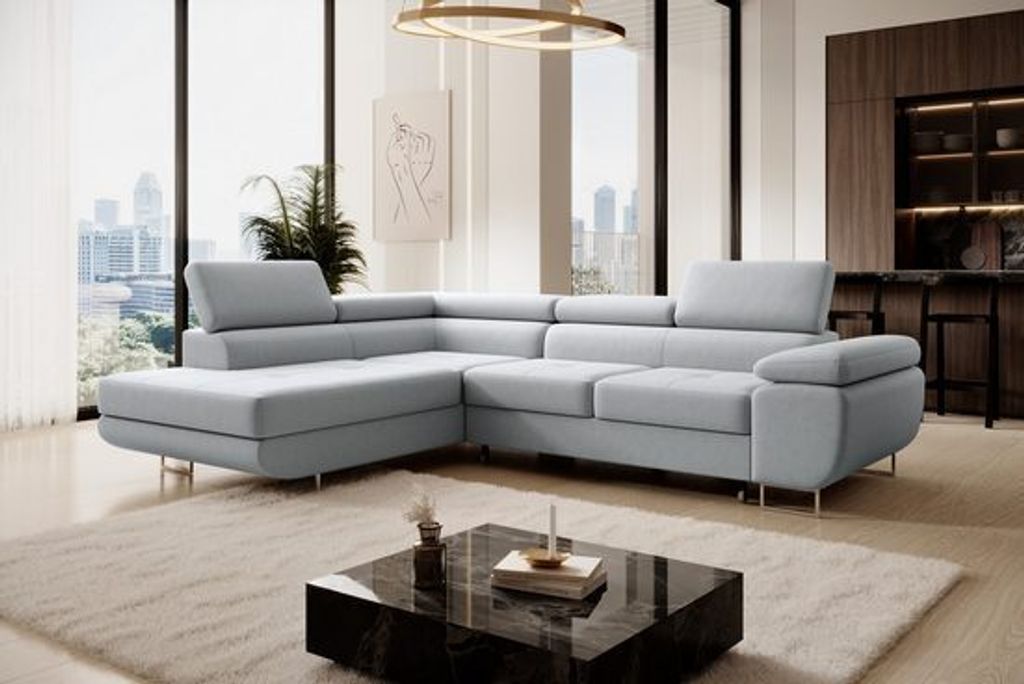 Ecksofa WILD L-Form mit Bettkasten und Schlaffunktion Easy Clean Castel-Stoff mit verstellbaren Kopfstützen, seite rechts 275x203x90 cm