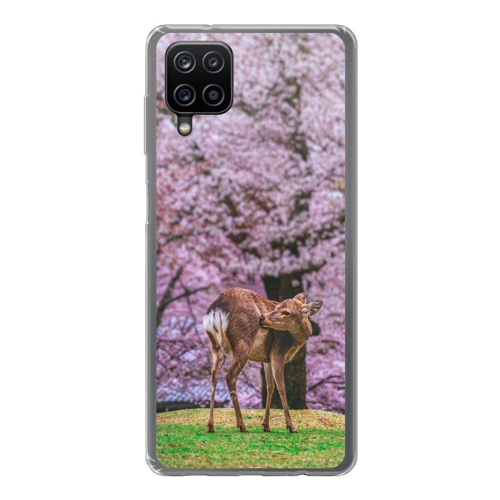 MuchoWow Handyhülle Schutzhülle Hülle für Samsung Galaxy A12 Hirsch - Rosa - Blüte Silikon Softcase Handy Hülle - Bild