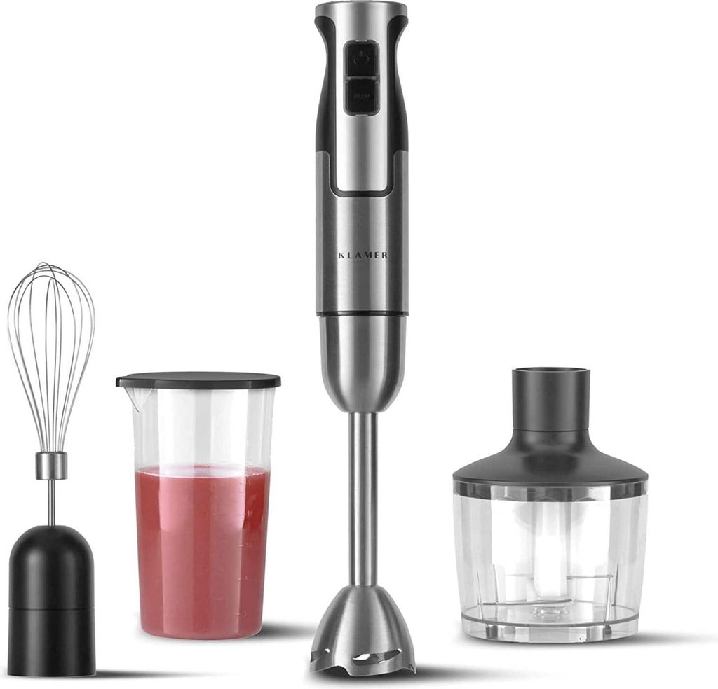 KLAMER Stabmixer Set 800 Watt, 4 in 1 Pürierstab Edelstahl mit stufenloser Geschwindigkeit und Turbo-Funktion