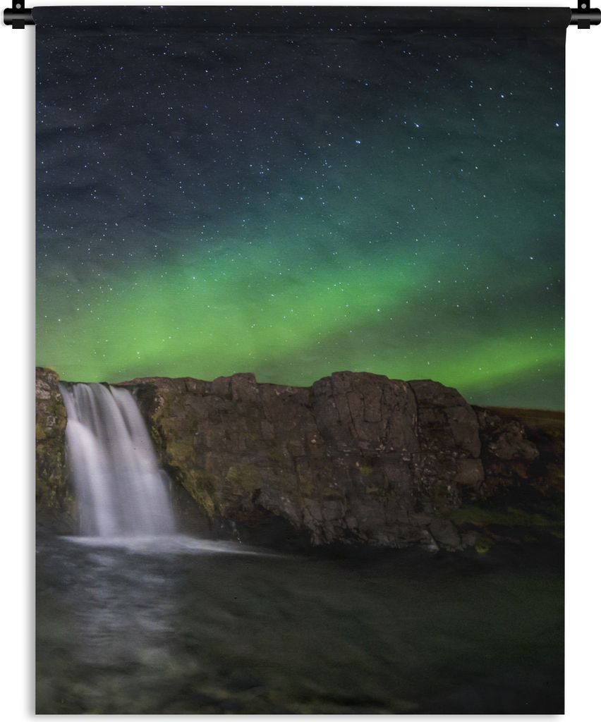 MuchoWow Wandteppich Wandbehang Nordlicht - Wasserfall - Island - Natur 90x120 cm Tapisserie Dekoration Wandtuch - Wanddeko