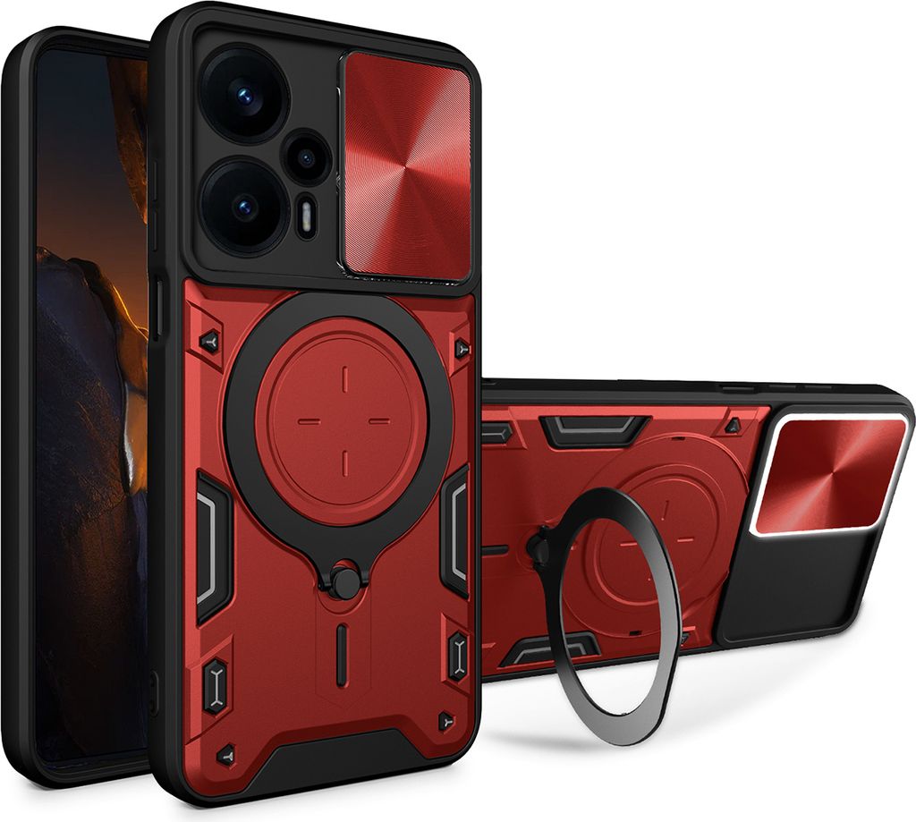 Handyhülle für Xiaomi Poco F5 Dual-Layer Stoßfest Rüstung Hülle mit Dia Kameraschutz und Kreisförmig Ring Ständer Rot