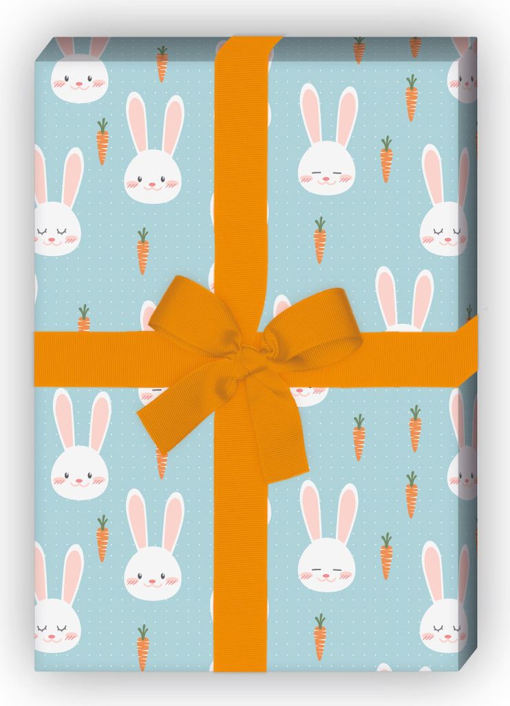 Süßes Häschen Geschenkpapier mit Karotten auf Punkten, hellblau - G11845, 32 x 48cm