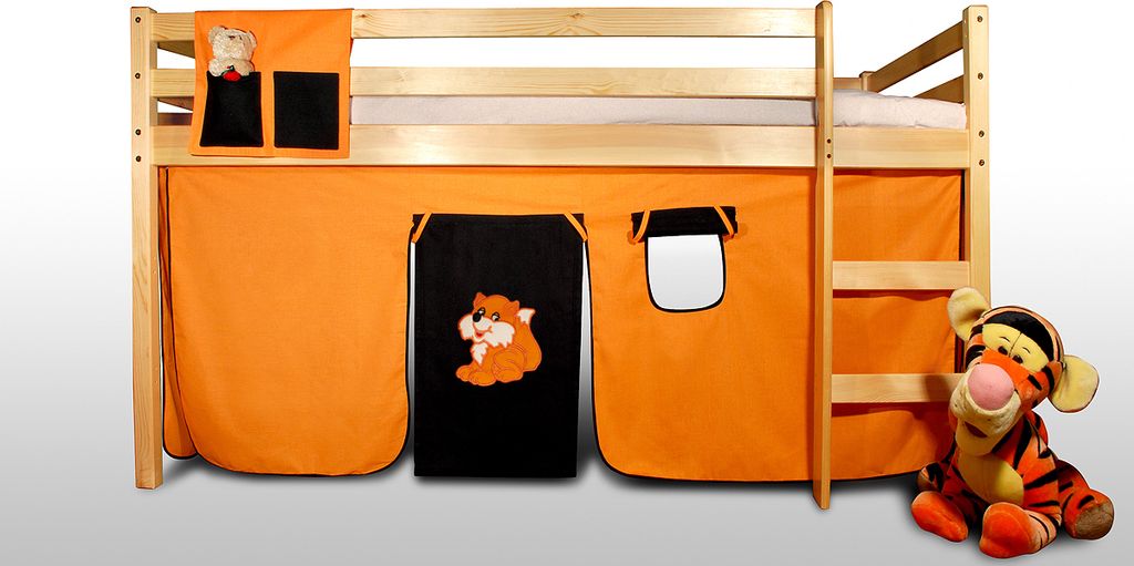 Vorhangset - FUCHS - Orange-Schwarz für Hochbet Spielbett Etagenbett