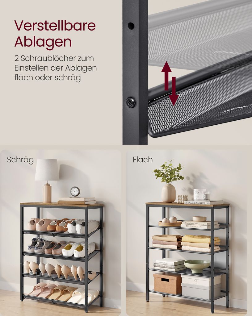 VASAGLE Schuhregal 5 Ebenen honigbraun
