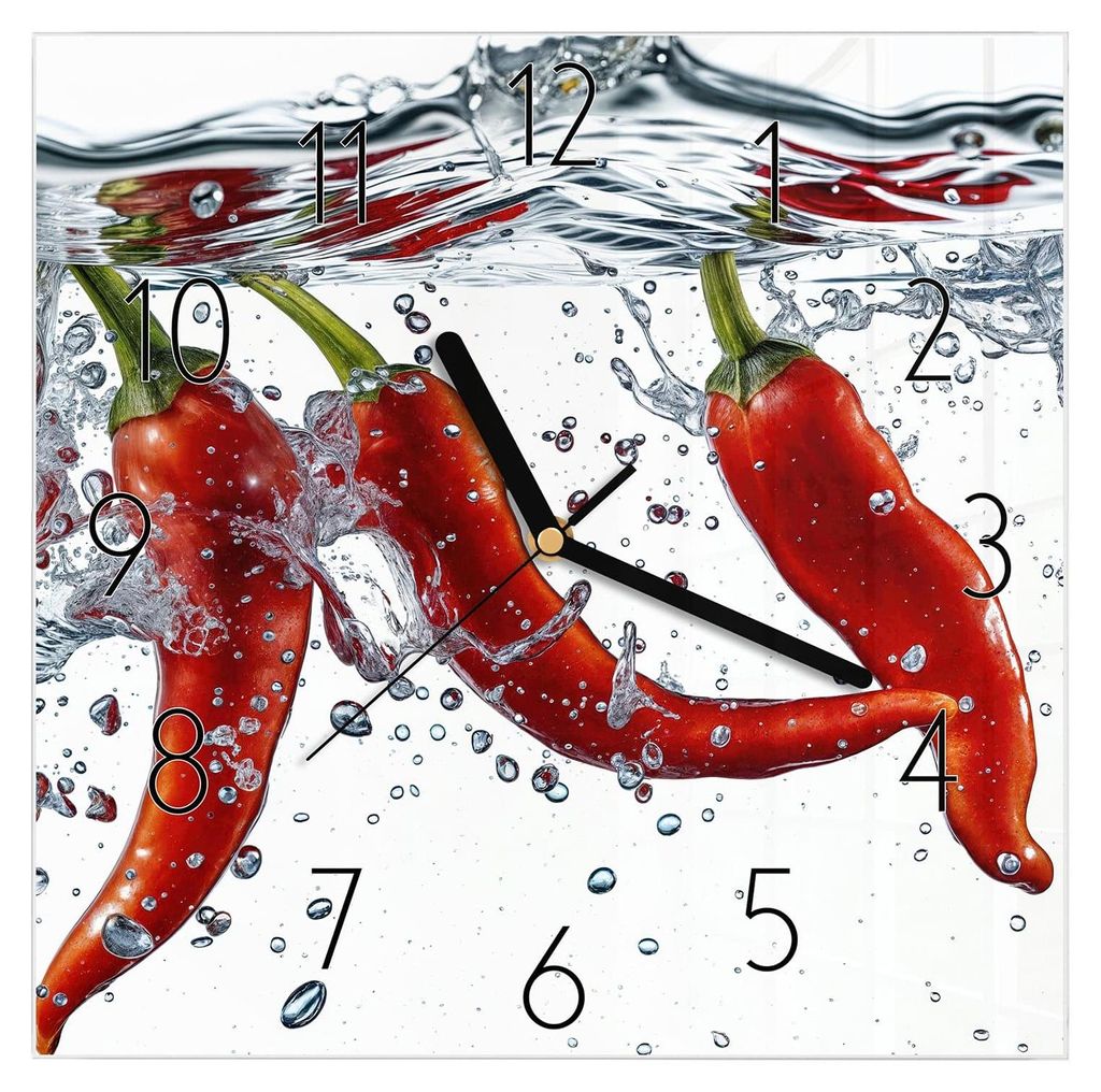 Wanduhr aus Glas mit Motiv Chilis im Wasser- 30 x 30 cm - Produktbild 
