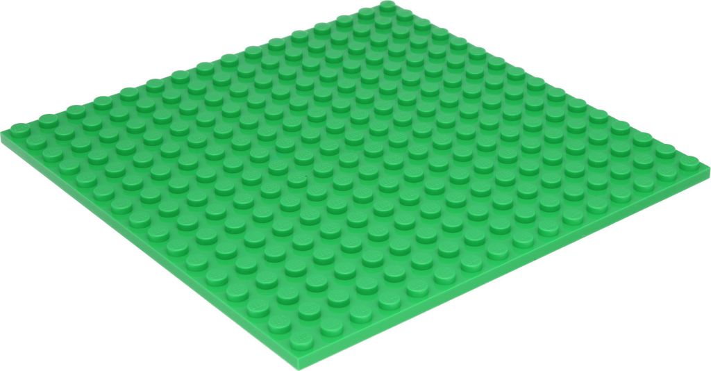 A green LEGO base plate is shown from a slightly elevated angle against a white background.