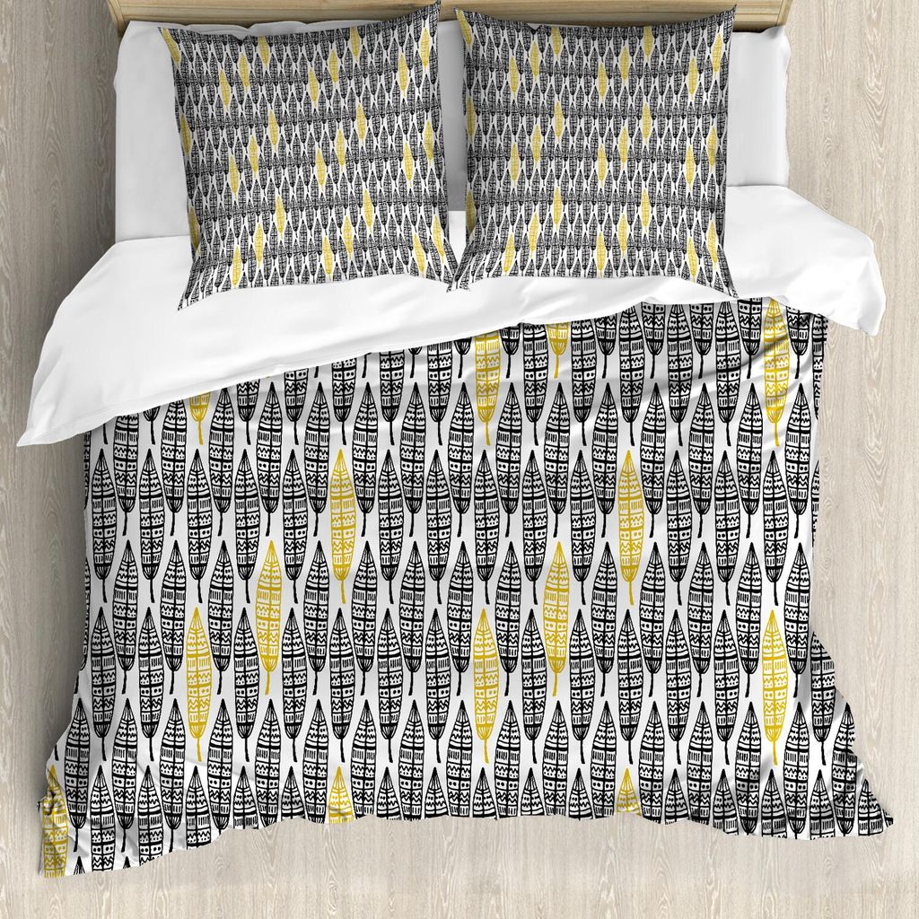 ABAKUHAUS Feder Bettbezug Set, Stammes- Hand gezeichnete wiederholende Muster-verzierte Feder-ethnische Art künstlerisch, 200 x 200 cm + 80 x 80 c...