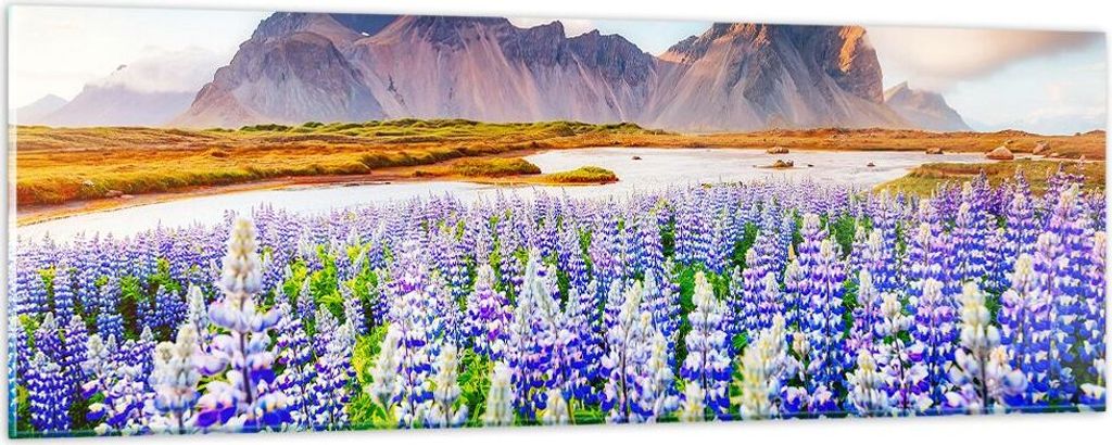 Bilder auf glas - Berge Wiese Blumen - 90x30cm - Glasbilder - Wandbilder - Kunstdruck - zum Aufhängen bereit - Wanddekoration aus Glas - Glas Bild...