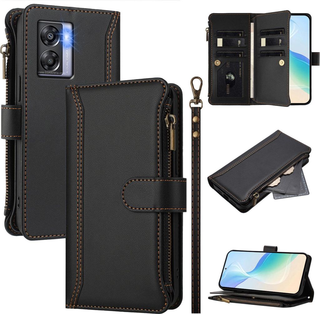 Handyhülle für Oppo A77 5G/A97 5G/A57 5G Reißverschluss Geldbörse Kunstleder Klapphülle mit Kartensteckplatz, Ständer, Handschlaufe Schwarz