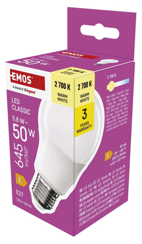 LED žárovka Classic A60 / E27 / 5,8 W (50 W) / 645 lm / teplá bílá
