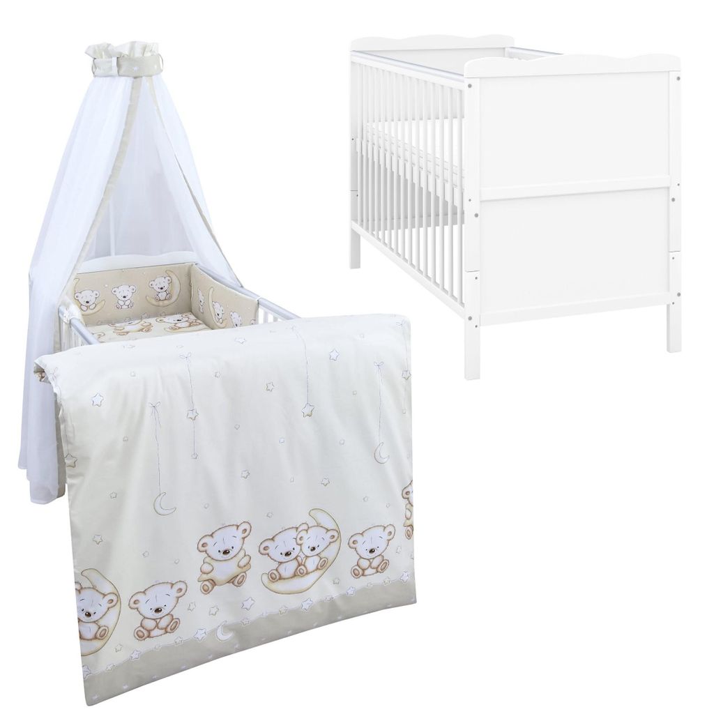 Baby-Delux Babybett Kinderbett Jack Umbaubar 140x70 Weiß Beißschienen Bettset Komplett mit Motiv Teddy Mond Beige