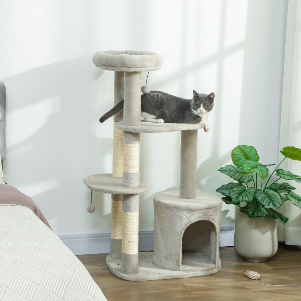 Kratzbaum 114 cm Katzenturm mit Höhle und Plattform für mittelgroße Katzen - Stabil, kompakt und ideal für kleine Wohnungen