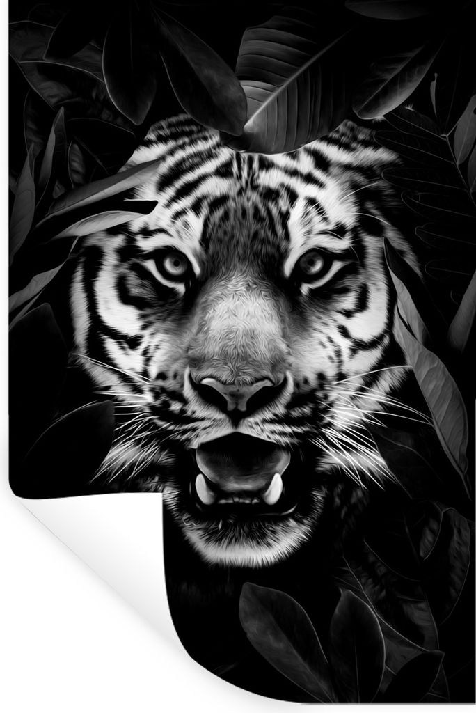 MuchoWow Wandtattoo Wandsticker Wandaufkleber Tiger mit offenem Maul zwischen Blättern - schwarz und weiß 60x90 cm Selbstklebend und Reposition...
