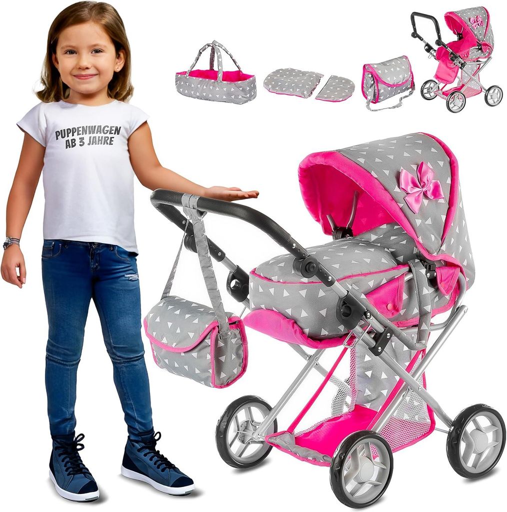 Kinderplay 3-in-1 Puppenwagen – Höhenverstellbarer Spielzeug-Kinderwagen mit Tragetasche, Bettzeug & Umhängetasche – Klappbar, Grau, KP0200S