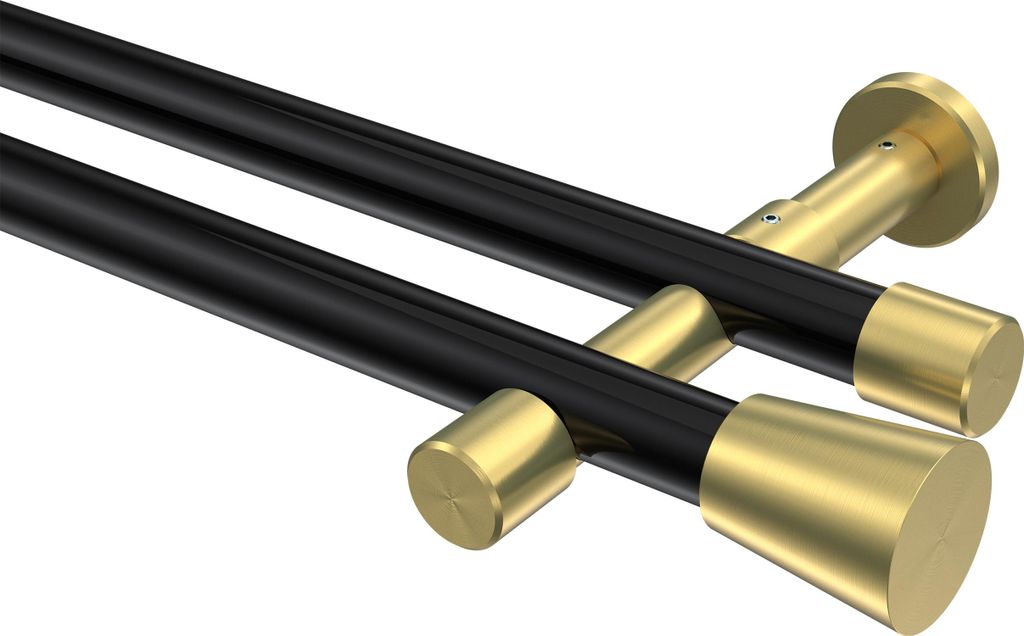 Interdeco Gardinenstange / Vorhangstange Schwarz / Messing-Optik, Typ Prestige Sitra (Konus) ohne Ringe, 20 mm Ø 2-läufig, 220 cm