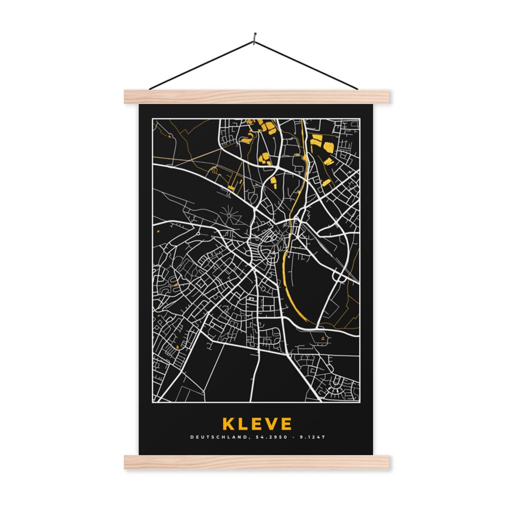 MuchoWow Textilposter Karte - Stadtplan - Kleve - Deutschland - Gold 60x90 cm mit holzfarbenen Rahmen - Textil