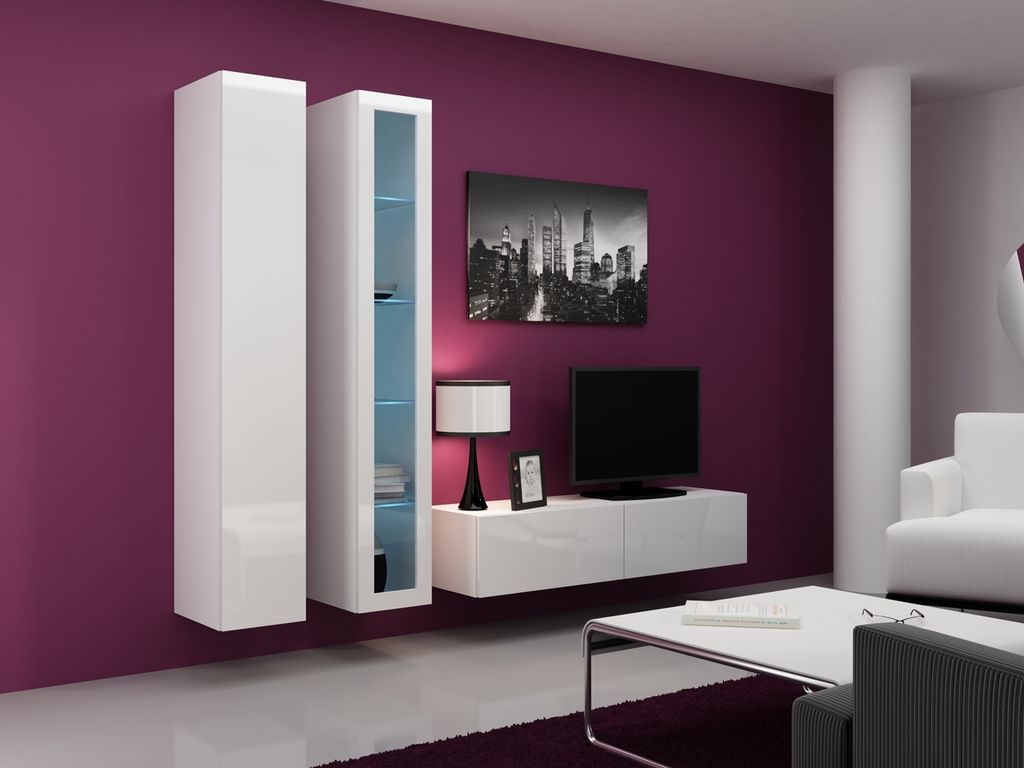 Wohnwand Wohnzimmer - Set Schrankwand 3 tlg. VIGO 10A weiß / weiß Hochglanz Hängeschränke TV Lowboard 220cm breit