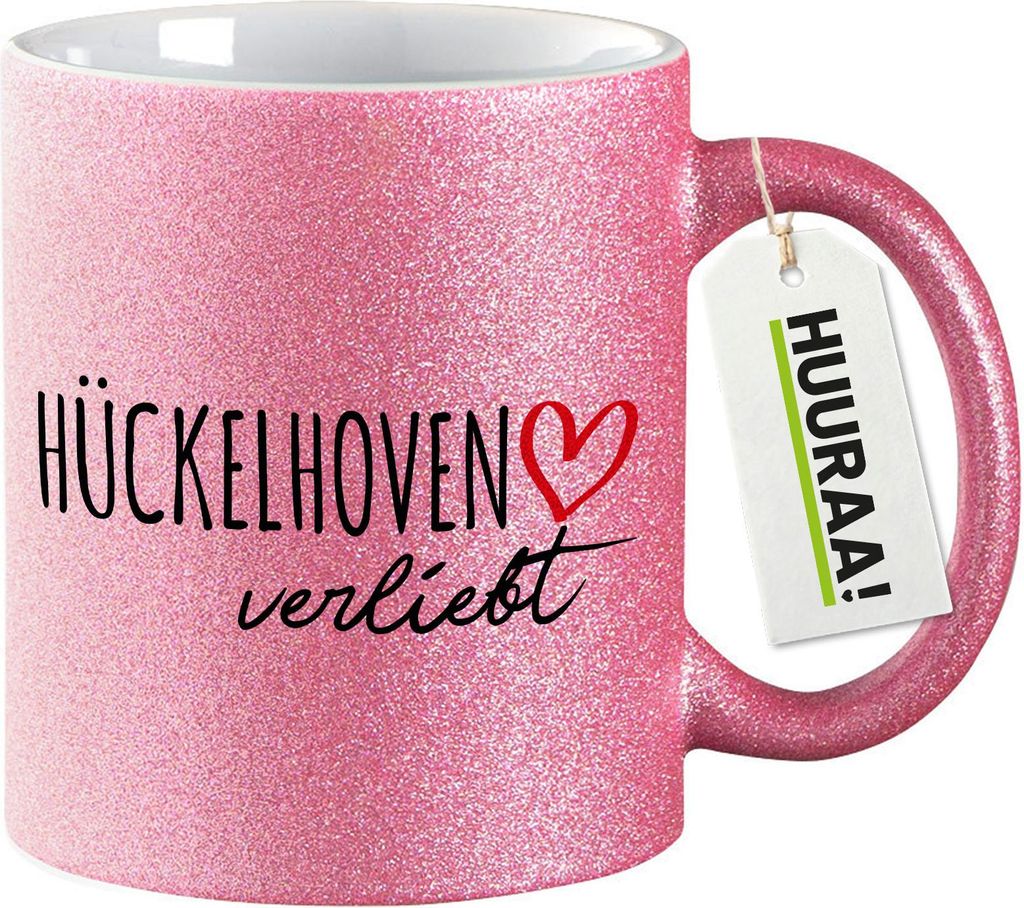 Huuraa Glitzertasse Hückelhoven verliebt 330ml Pink Keramik Kaffeebecher Geschenkidee