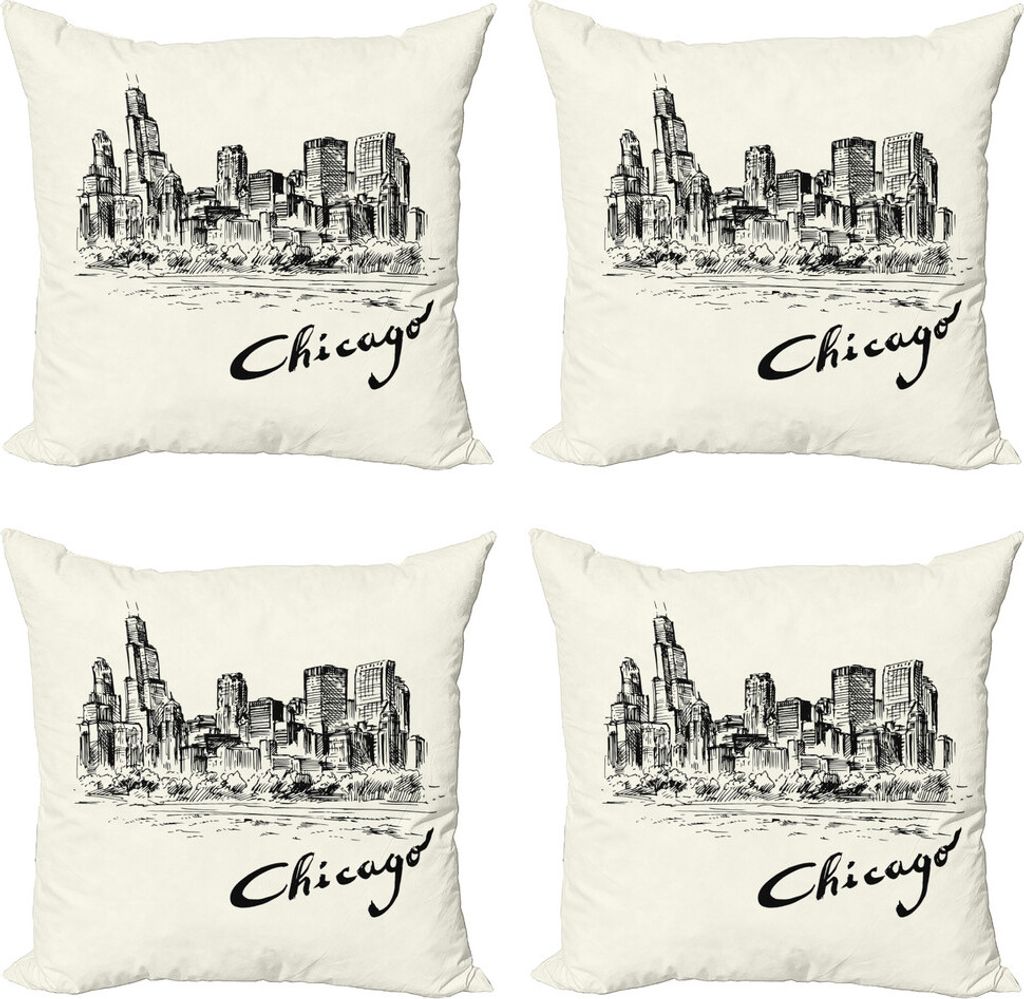 ABAKUHAUS Chicago Skyline Kissenbezug Set (4 Stück), Vintage Sketch, Moderner Doppelseitiger Digitaldruck, 50 cm x 50 cm, Schwarze und Creme