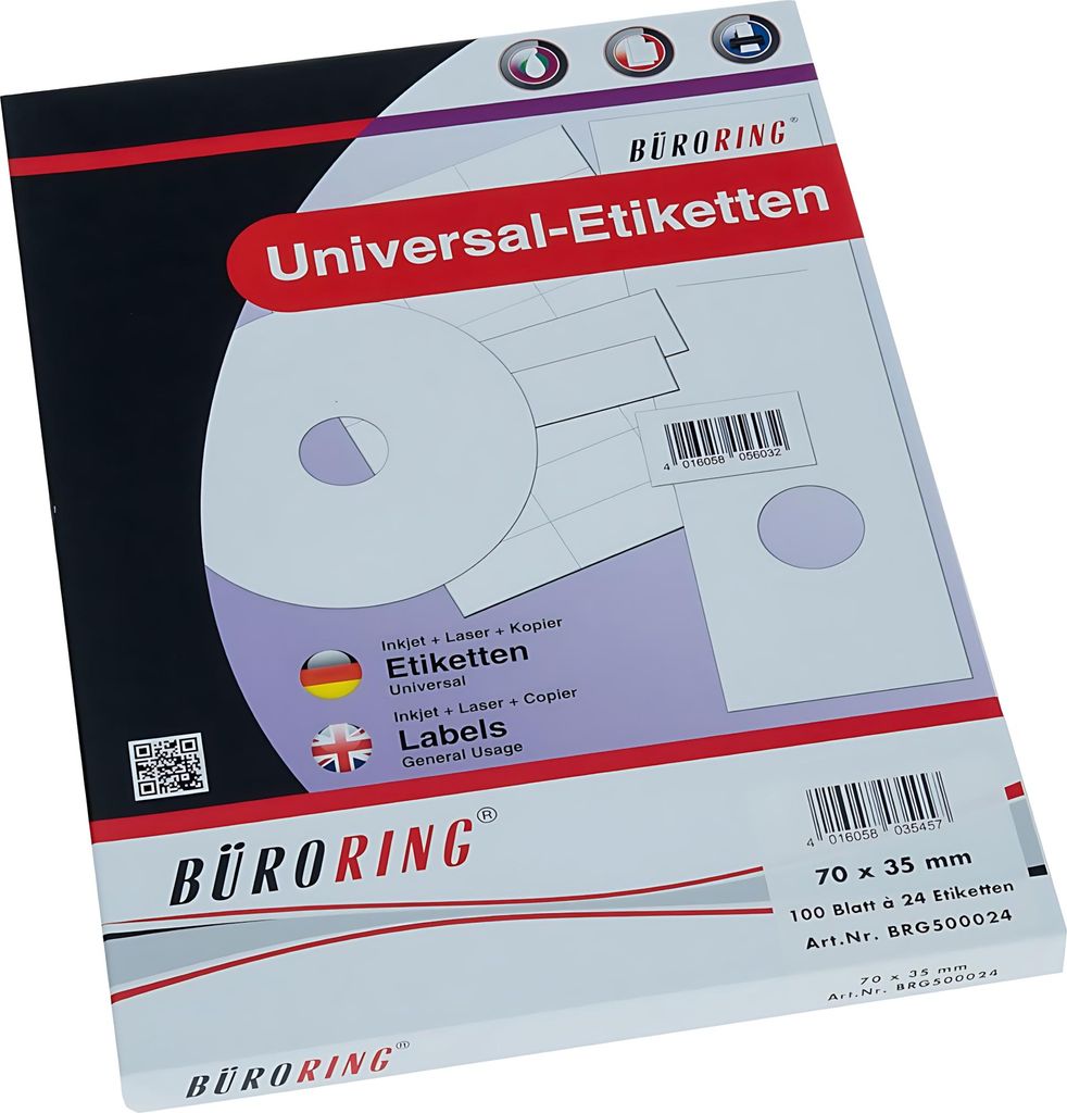 Büroring Etiketten, 70 x 35 mm, weiß, 2.400 Etiketten, lösungsmittelfrei, Inkjet-, Laserdrucker, Kopierer, 100 Blatt