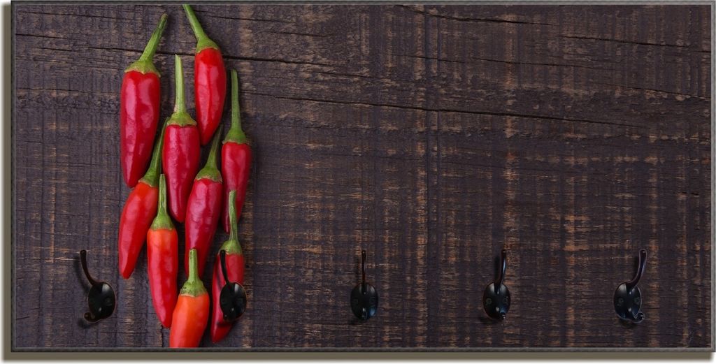 Wallario Flurgarderobe Wandgarderobe aus Holz, mit 5 Haken, Größe 80 x 40 cm, Motiv Rote Paprikaschoten auf einem dunkelbraunem Holzbrett