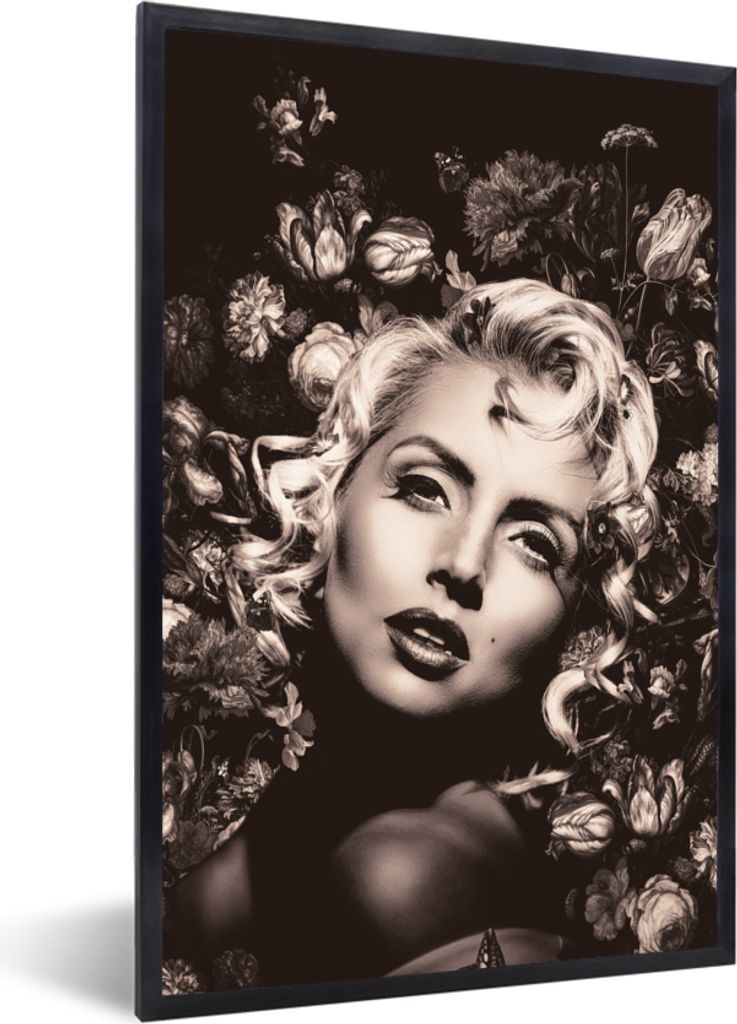 MuchoWow Gerahmtes Poster Frau - Blumen - Schwarz - Weiß 60x90 cm - Poster mit Schwarzem Bilderrahmen Wandposter Rahmen Foto Bilder - Kunst