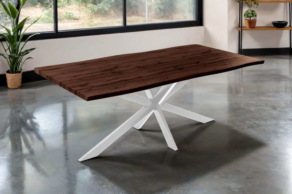 Esstisch Josy | 200 x 100 cm | Holz Nussbaum-Optik | Spider-Gestell Metall weiß | 40 mm Tischplatte mit Baumkante | Tisch für Esszimmer & Küche