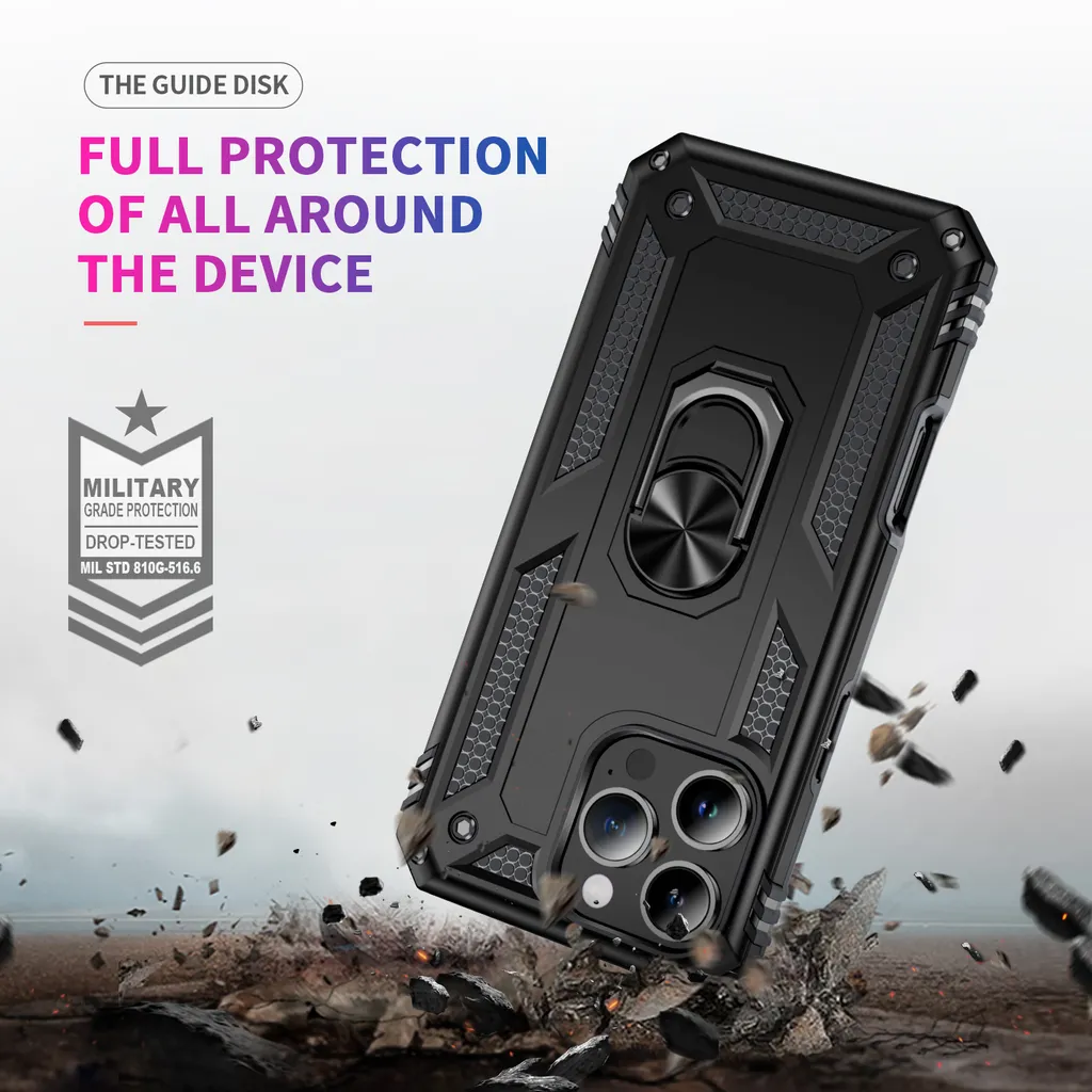Cover Con Anello Magnetico Per IPhone 14 Pro Max – Custodia Trasparente Antiurto Con Supporto 360° E Anello Girevole, Bordo In TPU E Retro In PC Rigido – Militare, Nero - 2