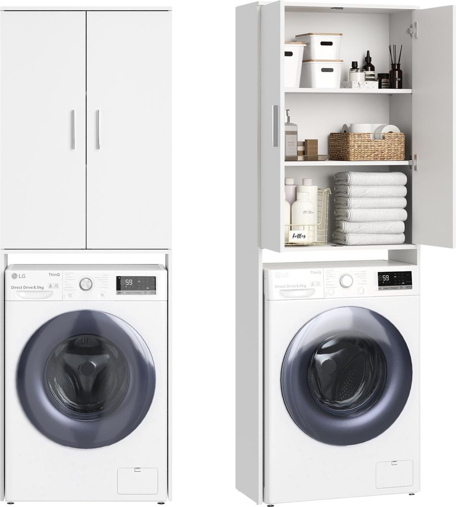 A white laundry cabinet with two doors is shown above a white washing machine. The cabinet is open on the right side, revealing shelves with various items like towels, bottles, and baskets.