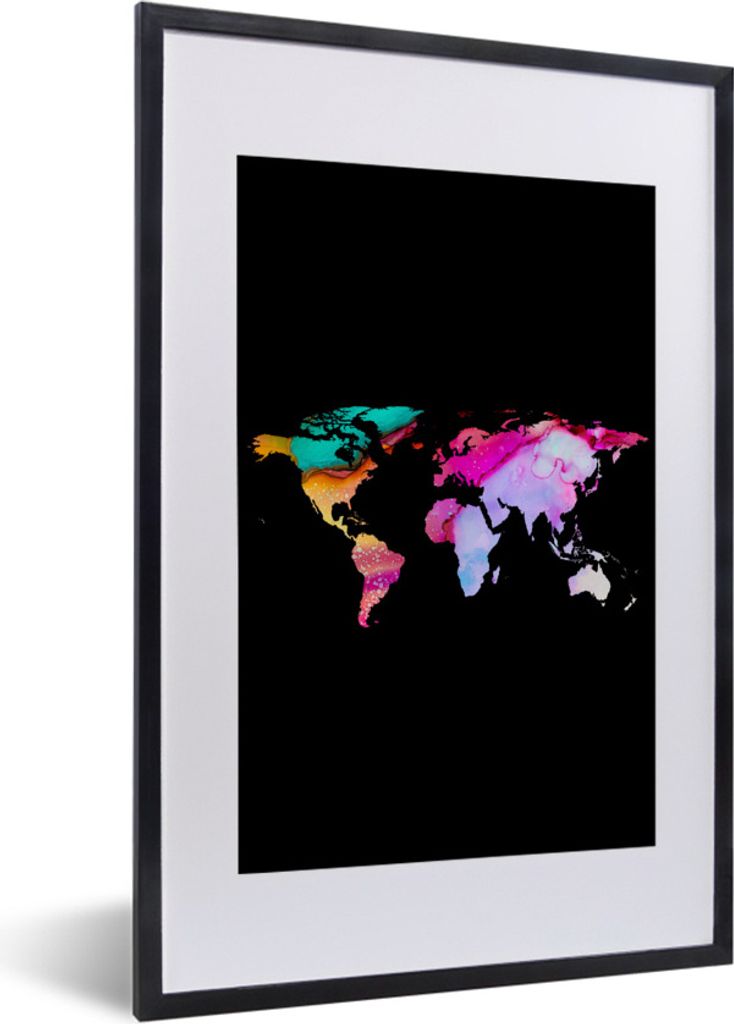 MuchoWow Gerahmtes Poster Weltkarte - Regenbogen - Farbe 40x60 cm - Poster mit Schwarzem Bilderrahmen Wandposter Rahmen Foto Bilder - Poster in R...