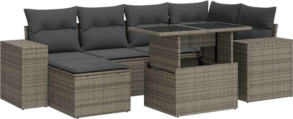 vidaXL 7-tlg. Garten-Sofagarnitur mit Kissen Grau Poly Rattan