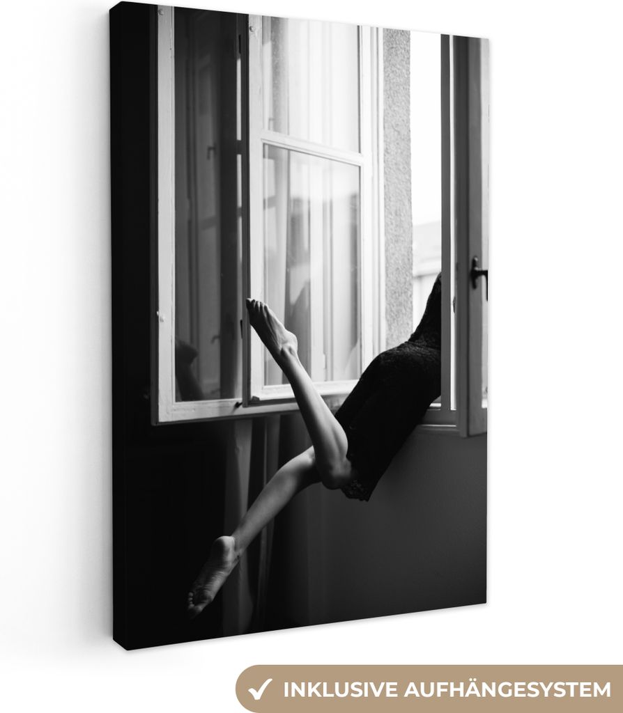 MuchoWow - Leinwandbilder - Fenster - Frau - Architektur - Schwarz - Weiß, Wandbild, Wanddeko Bilder Wohnzimmer, 20x30 cm