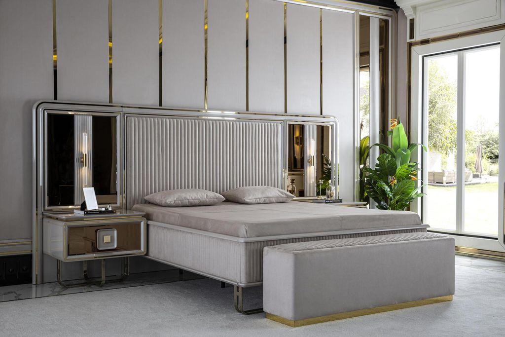 Schlafzimmer Set Weiß Bett Holz 2x Nachttische Modern Produktbild 
