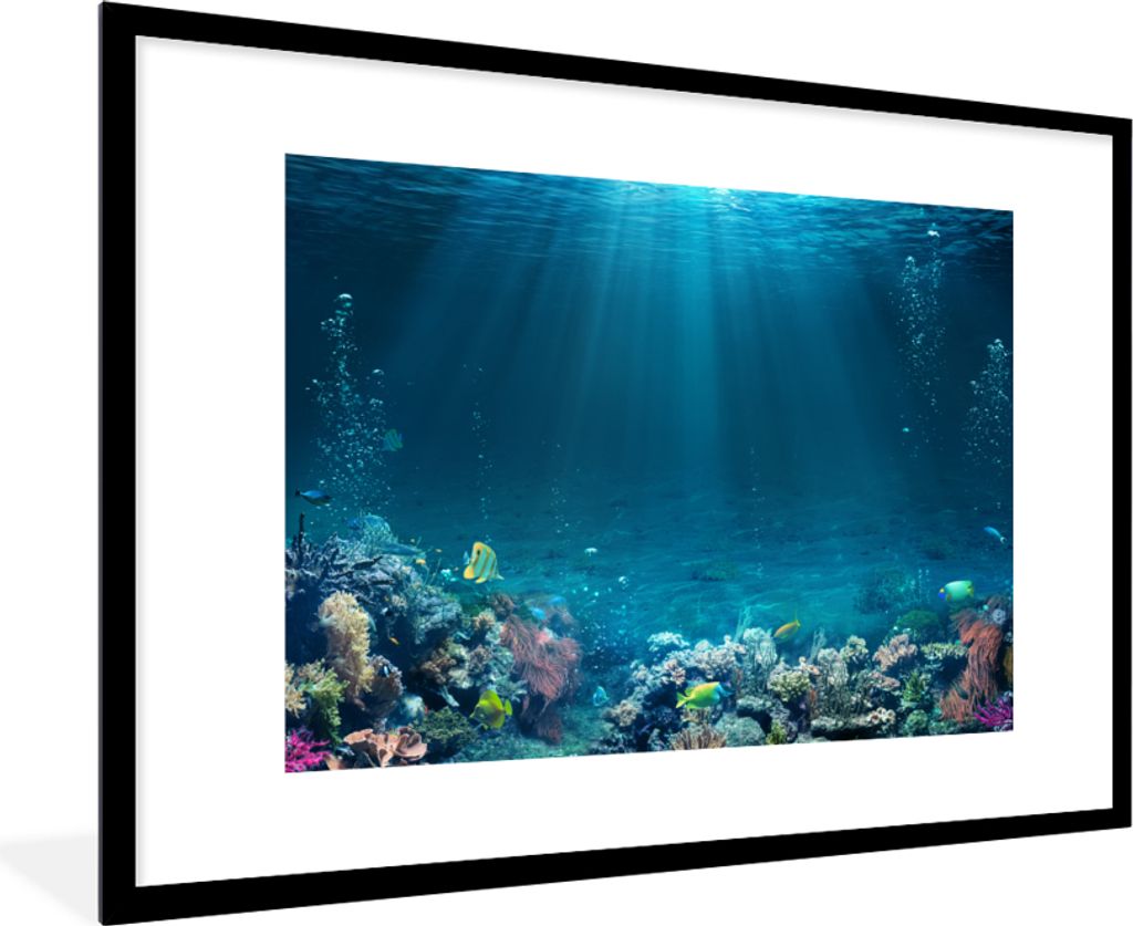 MuchoWow Gerahmtes Poster Ozean - Fische - Korallen 90x60 cm - Poster mit Schwarzem Bilderrahmen Wandposter Rahmen Foto Bilder - Wanddekoration -...