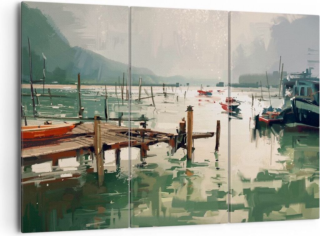 Bild auf Leinwand - Leinwandbild - Boot Ufer Brücke - 165x110cm - Wand Bild - Wanddeko - Leinwanddruck - Bilder - Kunstdruck - Wanddekoration - Le...
