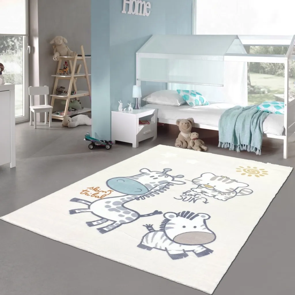 Tapis de chambre d'enfant doux crème girafe-zèbre - 160 x 230 cm