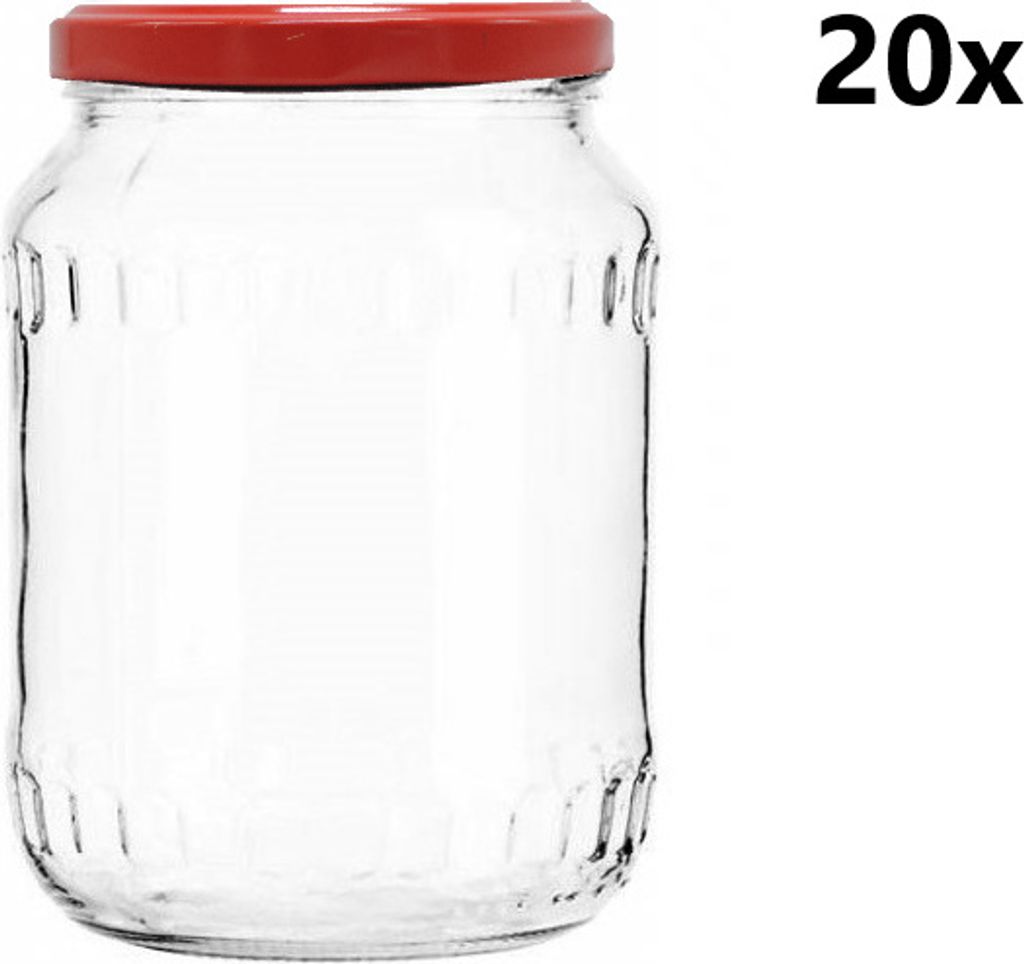 A clear glass jar with a red lid is shown against a white background.