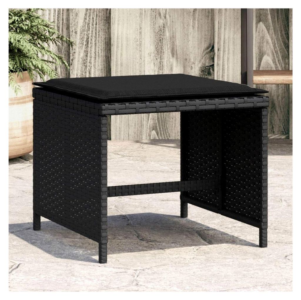 Gartenhocker mit Kissen 4 Stück Schwarz 40x40x35 cm Poly Rattan für Wohnzimmer, Terrasse, Garten, Balkon