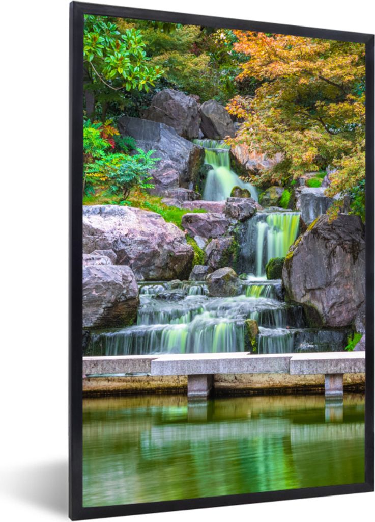 MuchoWow Gerahmtes Poster Steine - Wasser - Bäume - Japanisch - Botanisch 60x90 cm - Poster mit Schwarzem Bilderrahmen Wandposter Rahmen Foto Bi...